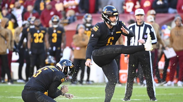 Nov 19, 2023; Landover, Maryland, USA; Washington Commanders place kicker Joey Slye (6) kicks a field goal against the New York Giants during the second half at FedExField. Mandatory Credit: Brad Mills-USA TODAY Sports