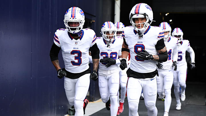 Jan 5, 2025; Foxborough, Massachusetts, USA; Buffalo Bills safety Damar Hamlin (3) and safety Taylor Rapp (9) run onto the field before a game against the New England Patriots at Gillette Stadium. Mandatory Credit: Brian Fluharty-Imagn Images