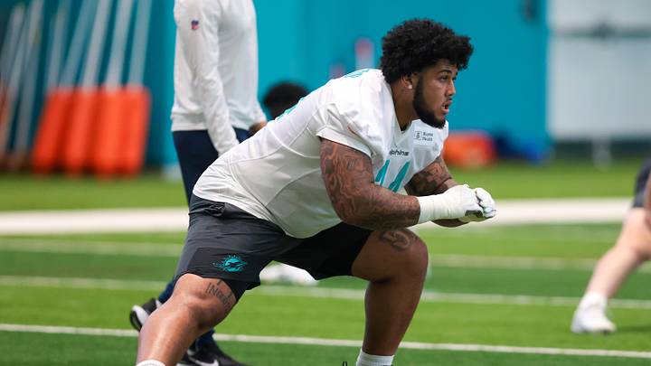 May 8, 2026; Miami Gardens, FL, USA; Miami Dolphins guard Kadyn Proctor (74) works during rookie minicamp at Baptist Health Training Complex. Mandatory Credit: Sam Navarro-Imagn Images