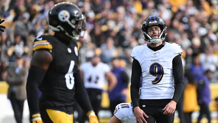 Nov 17, 2024; Pittsburgh, Pennsylvania, USA; Baltimore Ravens place kicker Justin Tucker (9) reacts to a missed field goal against the Pittsburgh Steelers during the first quarter at Acrisure Stadium. Mandatory Credit: Barry Reeger-Imagn Images