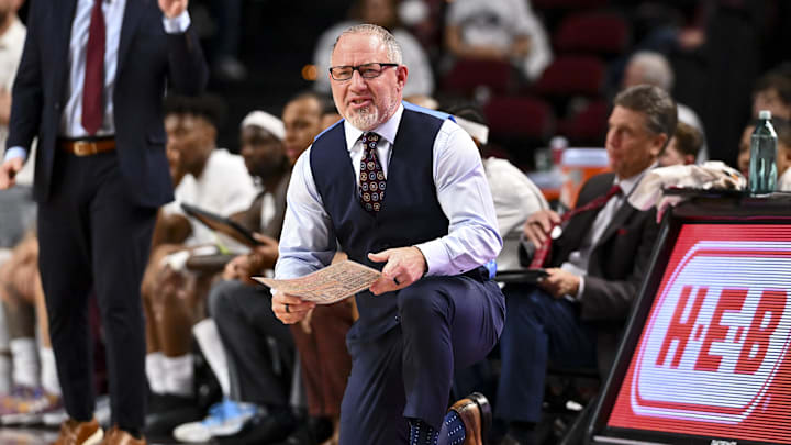 Feb 26, 2025; College Station, Texas, USA; Texas A&M Aggies head coach Buzz Williams looks on during the first half against the Vanderbilt Commodores at Reed Arena. Mandatory Credit: Maria Lysaker-Imagn Images 