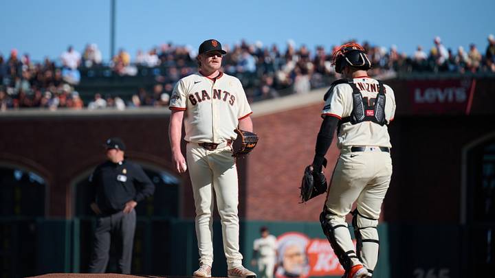 Sep 13, 2026; San Francisco, California, USA; San Francisco Giants catcher Andrew Knizner (19) walks to the pitchers mound to meet with starting pitcher Logan Webb (62) during the first inning against the San Diego Padres at Oracle Park. Mandatory Credit: Robert Edwards-Imagn Images