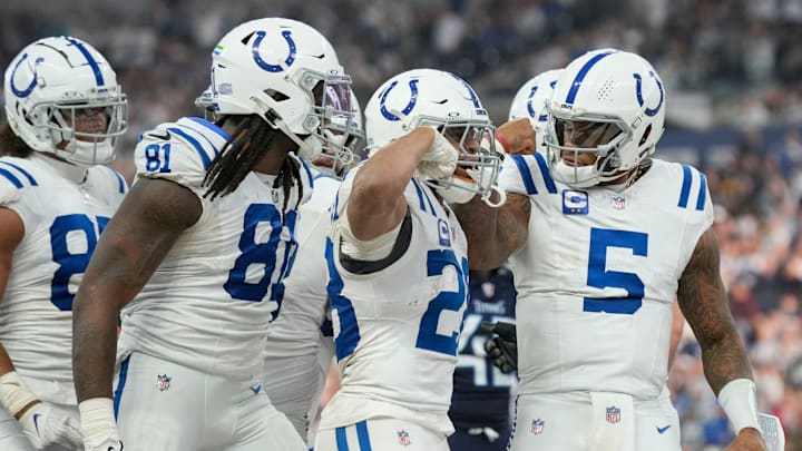 Indianapolis Colts quarterback Anthony Richardson (5) celebrates after thinking he scored a touchdown Sunday, Dec. 22, 2024, during a game against the Tennessee Titans at Lucas Oil Stadium in Indianapolis. The ball was ruled down at the half yard line.