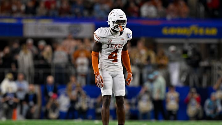 Jan 10, 2025; Arlington, TX, USA; Texas Longhorns defensive back Andrew Mukuba (4) in action during the game between the Texas Longhorns and the Ohio State Buckeyes at AT&T Stadium. Mandatory Credit: Jerome Miron-Imagn Images