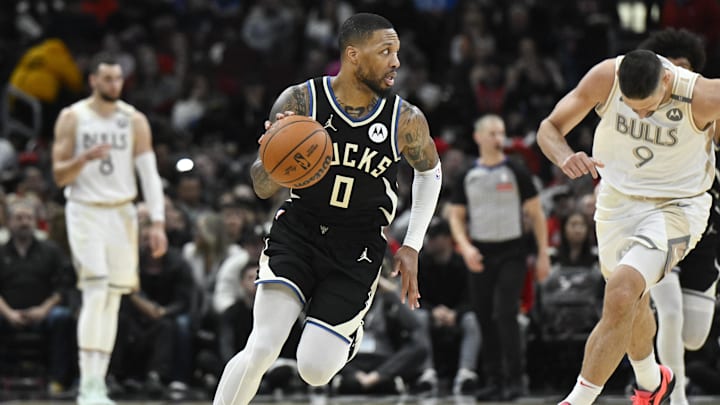 Dec 28, 2024; Chicago, Illinois, USA;  Milwaukee Bucks guard Damian Lillard (0) moves the ball against the Chicago Bulls during the second half at the United Center. Mandatory Credit: Matt Marton-Imagn Images