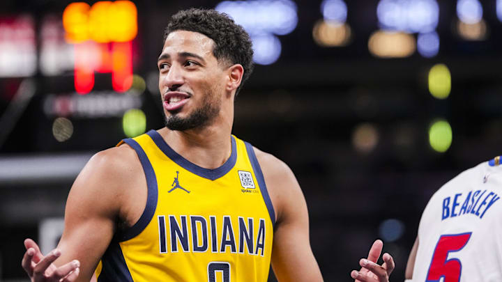Nov 29, 2024; Indianapolis, IN, USA; Indiana Pacers guard Tyrese Haliburton (0) expresses frustration Friday, Nov. 29, 2024, during a game between the Indiana Pacers and the Detroit Pistons at Gainbridge Fieldhouse in Indianapolis.  Mandatory Credit: Grace Smith/USA TODAY Network via Imagn Images 