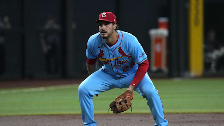 Jul 19, 2025; Phoenix, Arizona, USA; St. Louis Cardinals third base Nolan Arenado (28) gets ready to field the ball against the Arizona Diamondbacks in the first inning at Chase Field. Mandatory Credit: Rick Scuteri-Imagn Images