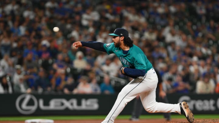 Seattle Mariners relief pitcher Andres Munoz (75) pitches to the New York Mets during the ninth inning at T-Mobile Park on Aug 10. Seattle Mariners relief pitcher Andres Munoz (75) pitches to the New York Mets during the ninth inning at T-Mobile Park on Aug 10.
