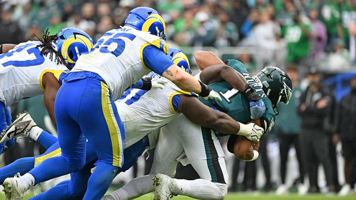 Oct 4, 2026; Philadelphia, Pennsylvania, USA; Philadelphia Eagles quarterback Jalen Hurts (1) is sacked by Los Angeles Rams linebacker Byron Young (0) and Los defensive end Kobie Turner (91) during the fourth quarter at Lincoln Financial Field. Mandatory Credit: Eric Hartline-Imagn Images Oct 4, 2026; Philadelphia, Pennsylvania, USA; Philadelphia Eagles quarterback Jalen Hurts (1) is sacked by Los Angeles Rams linebacker Byron Young (0) and Los defensive end Kobie Turner (91) during the fourth quarter at Lincoln Financial Field. Mandatory Credit: Eric Hartline-Imagn Images