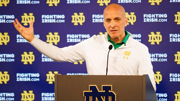 Notre Dame Athletic Director Pete Bevacqua speaks with media at Notre Dame Stadium on Monday, Dec. 17, 2024, in South Bend.