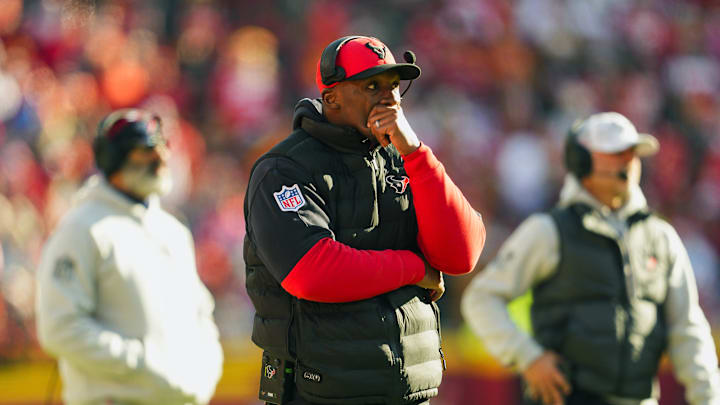 Dec 21, 2024; Kansas City, Missouri, USA; Houston Texans head coach DeMeco Ryans reacts after an injury to wide receiver Tank Dell (not pictured) during the second half against the Kansas City Chiefs at GEHA Field at Arrowhead Stadium. Mandatory Credit: Jay Biggerstaff-Imagn Images
