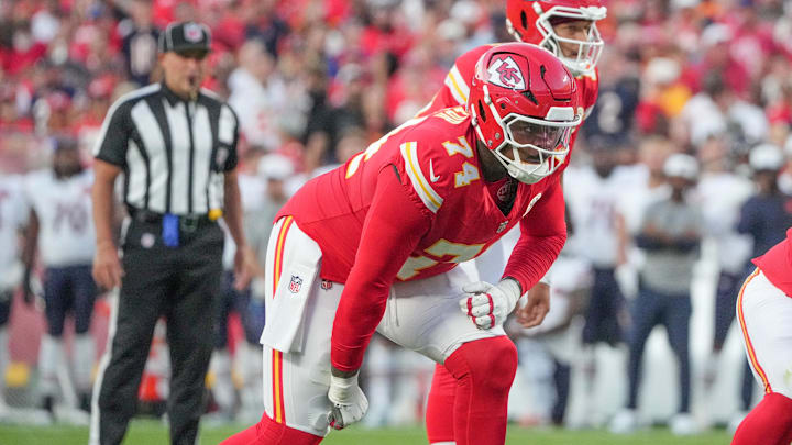 Aug 22, 2025; Kansas City, Missouri, USA; Kansas City Chiefs offensive tackle Jawaan Taylor (74) at the line of scrimmage against the Chicago Bears during the game at GEHA Field at Arrowhead Stadium. Mandatory Credit: Denny Medley-Imagn Images