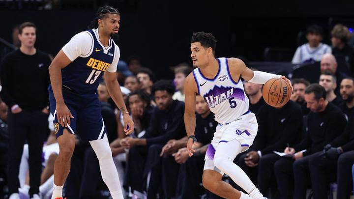 Oct 6, 2026; Salt Lake City, Utah, USA; Utah Jazz guard Josh Green (5) controls the ball against Denver Nuggets forward Bryce Hopkins (13) during the second half at Delta Center. Mandatory Credit: Rob Gray-Imagn Images Oct 6, 2026; Salt Lake City, Utah, USA; Utah Jazz guard Josh Green (5) controls the ball against Denver Nuggets forward Bryce Hopkins (13) during the second half at Delta Center. Mandatory Credit: Rob Gray-Imagn Images