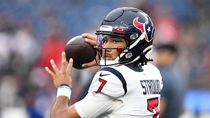 Aug 10, 2023; Foxborough, Massachusetts, USA; Houston Texans quarterback C.J. Stroud (7) throws the