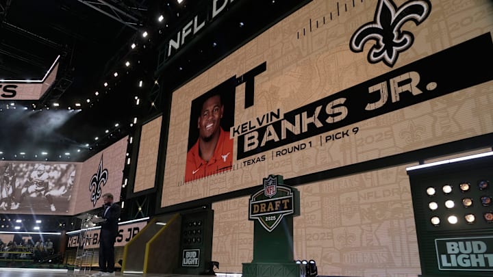 Kelvin Banks Jr., OT, Texas was was selected 9th overall by the New Orleans Saints during the first round of the 2025 NFL Draft at Lambeau Field on April 24, 2025 in Green Bay, Wisconsin.