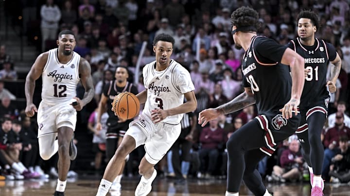 Jan 24, 2026; College Station, Texas, USA; Texas A&M Aggies guard Rylan Griffen (3) dribbles the ball during the second half against the South Carolina Gamecocks at Reed Arena. Mandatory Credit: Maria Lysaker-Imagn Images Jan 24, 2026; College Station, Texas, USA; Texas A&M Aggies guard Rylan Griffen (3) dribbles the ball during the second half against the South Carolina Gamecocks at Reed Arena. Mandatory Credit: Maria Lysaker-Imagn Images