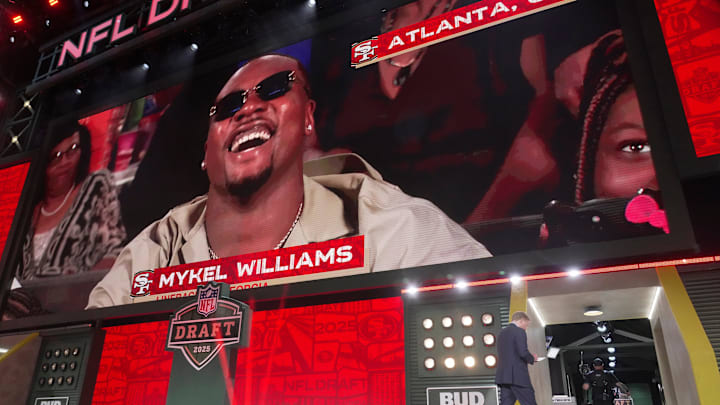 Mykel Williams, DE, Georgia was selected 11th overall by the San Francisco 49ers during the first round of the 2025 NFL Draft at Lambeau Field on April 24, 2025 in Green Bay, Wisconsin.