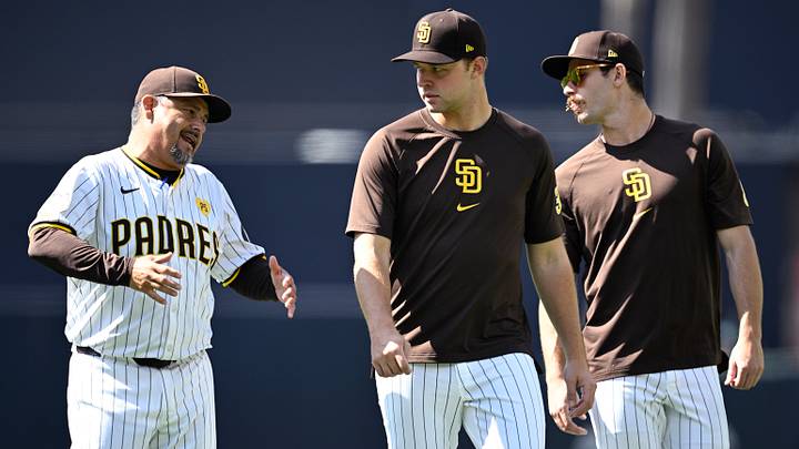 Jun 22, 2024; San Diego, California, USA; San Diego Padres pitching coach Ruben Niebla (left) talks to starting pitcher Michael King (center) and starting pitcher Dylan Cease (right) before the game against the Milwaukee Brewers at Petco Park. Mandatory Credit: Orlando Ramirez-USA TODAY Sports Jun 22, 2024; San Diego, California, USA; San Diego Padres pitching coach Ruben Niebla (left) talks to starting pitcher Michael King (center) and starting pitcher Dylan Cease (right) before the game against the Milwaukee Brewers at Petco Park. Mandatory Credit: Orlando Ramirez-USA TODAY Sports