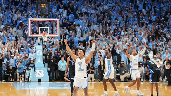 Feb 7, 2026; Chapel Hill, North Carolina, USA; UNC guard Seth Trimble (7) celebrates with teammates after the game against Duke basketball at Dean E. Smith Center.