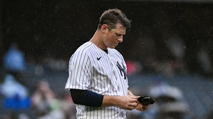 Sep 24, 2023; Bronx, New York, USA; New York Yankees third baseman DJ LeMahieu (26) reacts after the