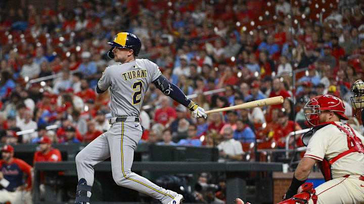Sep 20, 2025; St. Louis, Missouri, USA; Milwaukee Brewers second baseman Brice Turang (2) hits a one run single against the St. Louis Cardinals during the tenth inning at Busch Stadium. Mandatory Credit: Jeff Curry-Imagn Images