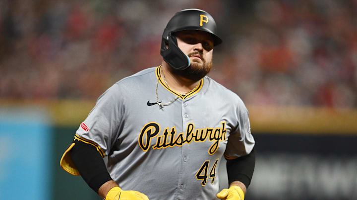 Aug 30, 2024; Cleveland, Ohio, USA; Pittsburgh Pirates first baseman Rowdy Tellez (44) rounds the bases after hitting a home run during the fifth inning against the Cleveland Guardians at Progressive Field. Mandatory Credit: Ken Blaze-Imagn Images