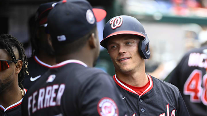 May 7, 2025; Washington, District of Columbia, USA; Washington Nationals left fielder Alex Call (17) reacts after scoring a run against the Cleveland Guardians during the second inning at Nationals Park. 