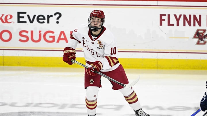 Feb 28, 2025; Chestnut Hill, MA, USA; Boston College forward James Hagens (10) skates against the University of New Hampshire Wildcats during the second period at Conte Forum. Mandatory Credit: Eric Canha-Imagn Images