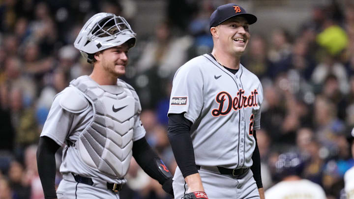 Apr 14, 2025; Milwaukee, Wisconsin, USA;  Detroit Tigers pitcher Tarik Skubal (29) smiles as he returns to the dugout following the fifth inning against the Milwaukee Brewers at American Family Field. 