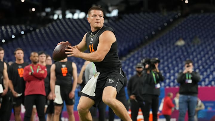 Feb 28, 2026; Indianapolis, IN, USA; Vanderbilt quarterback Diego Pavia (QB14) during the NFL Scouting Combine at Lucas Oil Stadium. Mandatory Credit: Kirby Lee-Imagn Images