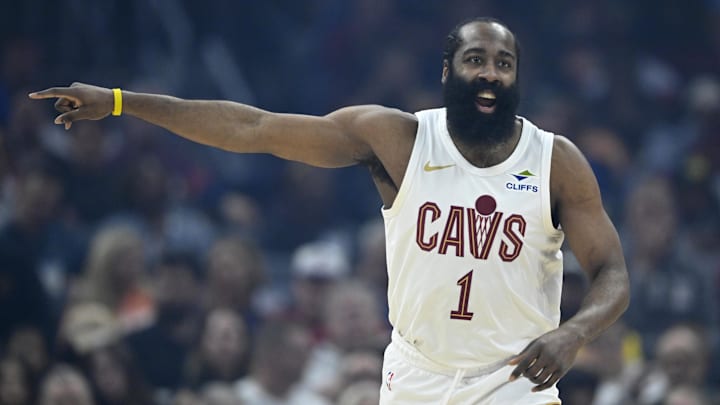 Apr 8, 2026; Cleveland, Ohio, USA; Cleveland Cavaliers guard James Harden (1) stands on the court in the first quarter against the Atlanta Hawks at Rocket Arena. Mandatory Credit: David Richard-Imagn Images