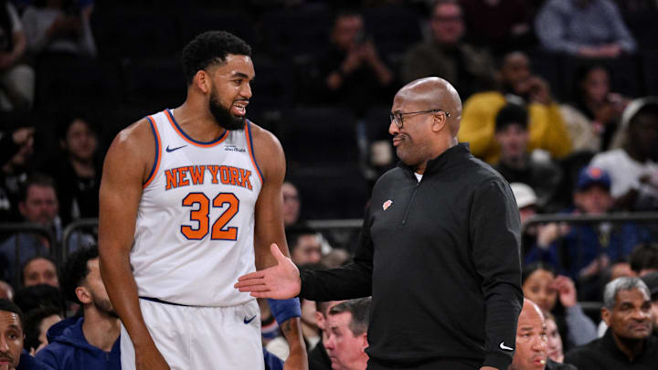Oct 9, 2025; New York, New York, USA; New York Knicks head coach Mike Brown reacts as he talks with center/forward Karl-Anthony Towns (32) during the first half against the Minnesota Timberwolves at Madison Square Garden. Mandatory Credit: John Jones-Imagn Images Oct 9, 2025; New York, New York, USA; New York Knicks head coach Mike Brown reacts as he talks with center/forward Karl-Anthony Towns (32) during the first half against the Minnesota Timberwolves at Madison Square Garden. Mandatory Credit: John Jones-Imagn Images