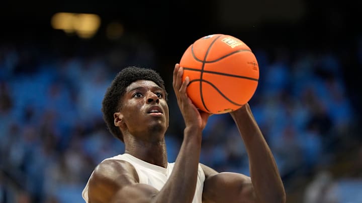 Nov 15, 2024; Chapel Hill, North Carolina, USA; North Carolina Tar Heels guard Drake Powell (9) at the free throw line in the second half at Dean E. Smith Center. Mandatory Credit: Bob Donnan-Imagn Images Nov 15, 2024; Chapel Hill, North Carolina, USA; North Carolina Tar Heels guard Drake Powell (9) at the free throw line in the second half at Dean E. Smith Center. Mandatory Credit: Bob Donnan-Imagn Images