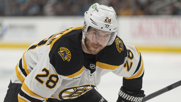 Mar 22, 2025; San Jose, California, USA;  Boston Bruins center Elias Lindholm (28) during the first period against the San Jose Sharks at SAP Center at San Jose. Mandatory Credit: Stan Szeto-Imagn Images