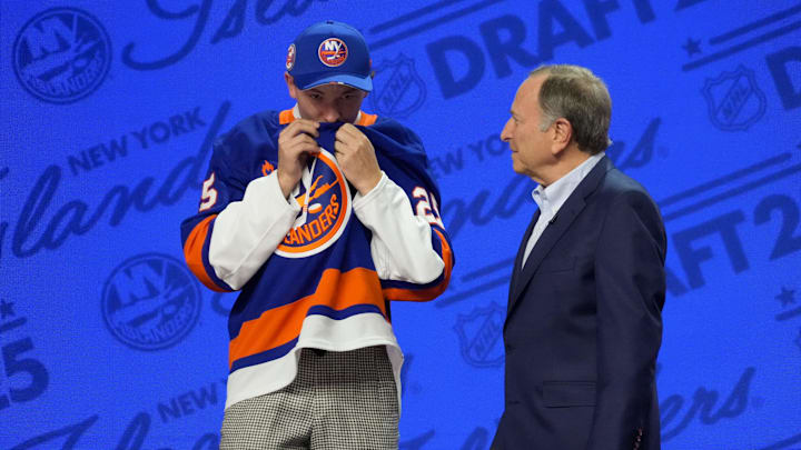 Jun 27, 2025; Los Angeles, California, USA; Matthew Schaefer is selected as the first overall pick to the New York Islanders in the first round of the 2025 NHL Draft at Peacock Theater. Mandatory Credit: Kirby Lee-Imagn Images