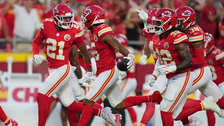 Sep 14, 2026; Kansas City, Missouri, USA;  Kansas City Chiefs cornerback Mansoor Delane (5) reacts after an interception in the first half at GEHA Field at Arrowhead Stadium.  Mandatory Credit: Jay Biggerstaff-Imagn Images