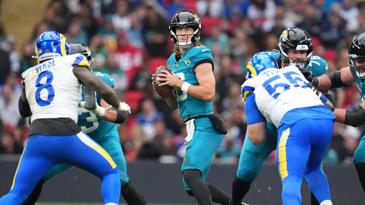 Oct 19, 2025; London, United Kingdom; Jacksonville Jaguars quarterback Trevor Lawrence (16) looks to pass the ball against the Los Angeles Rams during the first half of an NFL International Series game at Wembley Stadium. Oct 19, 2025; London, United Kingdom; Jacksonville Jaguars quarterback Trevor Lawrence (16) looks to pass the ball against the Los Angeles Rams during the first half of an NFL International Series game at Wembley Stadium.