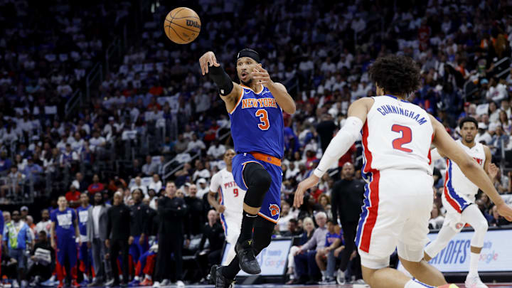 Apr 24, 2025; Detroit, Michigan, USA; New York Knicks guard Josh Hart (3) passes on Detroit Pistons guard Cade Cunningham (2) in the first half during game three of first round for the 2024 NBA Playoffs at Little Caesars Arena. Mandatory Credit: Rick Osentoski-Imagn Images