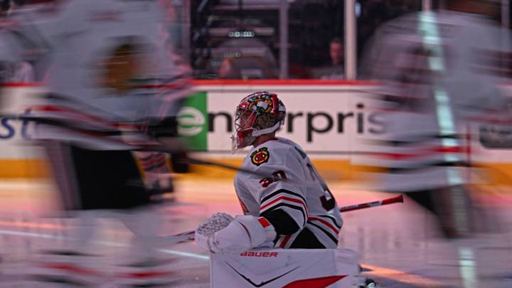 Mar 26, 2026; Philadelphia, Pennsylvania, USA; Chicago Blackhawks goaltender Spencer Knight (30) before game against the Philadelphia Flyers at Xfinity Mobile Arena. Mandatory Credit: Eric Hartline-Imagn Images Mar 26, 2026; Philadelphia, Pennsylvania, USA; Chicago Blackhawks goaltender Spencer Knight (30) before game against the Philadelphia Flyers at Xfinity Mobile Arena. Mandatory Credit: Eric Hartline-Imagn Images