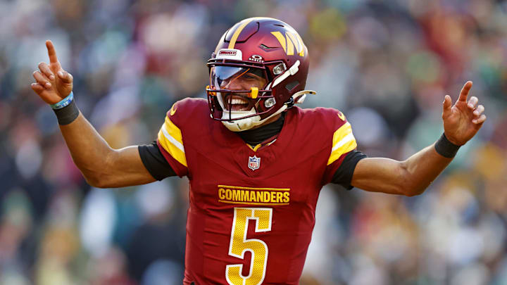 Washington Commanders quarterback Jayden Daniels wore custom Travis Scott cleats against the Atlanta Falcons. Washington Commanders quarterback Jayden Daniels wore custom Travis Scott cleats against the Atlanta Falcons.