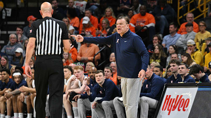 Mar 10, 2024; Iowa City, Iowa, USA; Illinois Fighting Illini head coach Brad Underwood reacts with