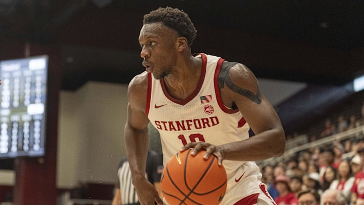 Mar 1, 2025; Stanford, California, USA;  Stanford Cardinal forward Chisom Okpara (10) during the first half against the Southern Methodist Mustangs at Maples Pavilion. Mandatory Credit: Stan Szeto-Imagn Images