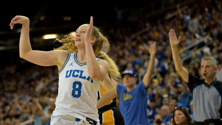 Feb 1, 2026; Los Angeles, California, USA; UCLA Bruins guard Gianna Kneepkens (8) hits a three-point basket to end the first half against the Iowa Hawkeyes at Pauley Pavilion presented by Wescom Financial. Mandatory Credit: Jayne Kamin-Oncea-Imagn Images Feb 1, 2026; Los Angeles, California, USA; UCLA Bruins guard Gianna Kneepkens (8) hits a three-point basket to end the first half against the Iowa Hawkeyes at Pauley Pavilion presented by Wescom Financial. Mandatory Credit: Jayne Kamin-Oncea-Imagn Images