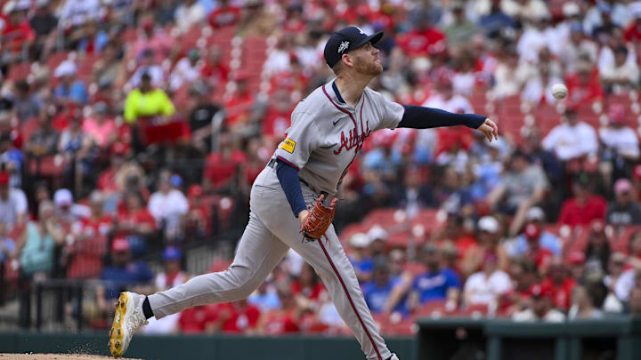 Jul 12, 2025; St. Louis, Missouri, USA;  Atlanta Braves starting pitcher Aaron Bummer (49) pitches against the St. Louis Cardinals during the first inning at Busch Stadium. Mandatory Credit: Jeff Curry-Imagn Images