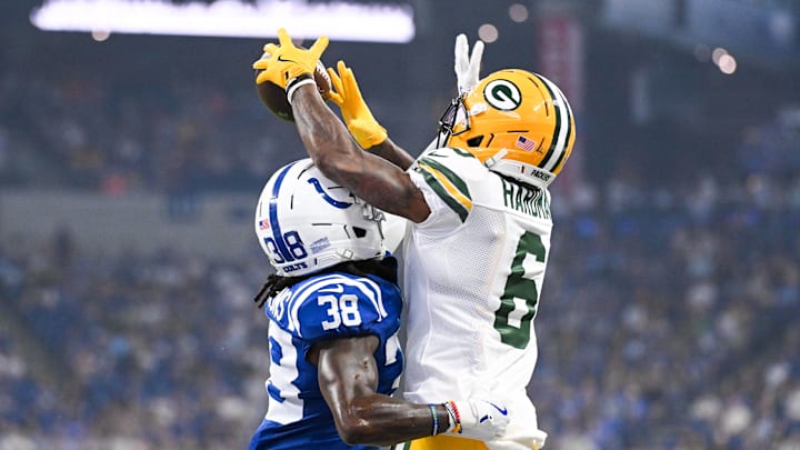 Aug 16, 2025; Indianapolis, Indiana, USA; Indianapolis Colts cornerback Chris Lammons (38) breaks up a pass intended for Green Bay Packers wide receiver Mecole Hardman (6) during the first half at Lucas Oil Stadium. Mandatory Credit: Robert Goddin-Imagn Images