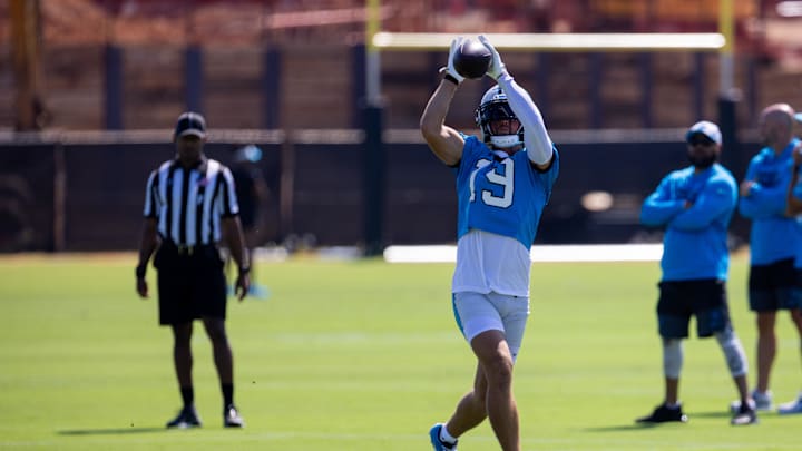 Jul 23, 2025; Charlotte, NC, USA; Carolina Panthers wide receiver Adam Thielen (19) makes a catch during training camp. Mandatory Credit: Scott Kinser-Imagn Images
