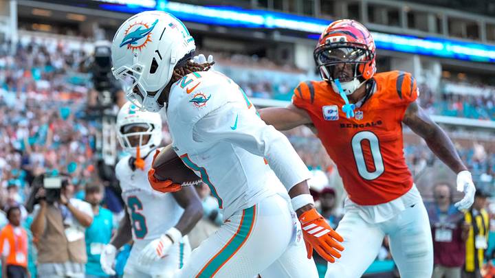 Miami Dolphins wide receiver Kevin Coleman Jr. (21) catches a pass for a touchdown in the fourth quarter of the NFL Week 5 game between the Miami Dolphins and the Cincinnati Bengals at Hard Rock Stadium in Miami Gardens, Florida, on Sunday, Oct. 11, 2026.
