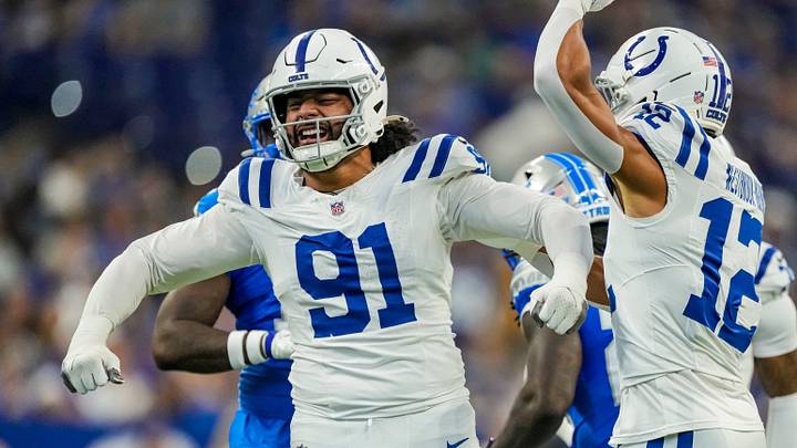 Indianapolis Colts defensive end Jaylahn Tuimoloau (91) yells in excitement Saturday, Aug. 29, 2026, during the game against the Detroit Lions at Lucas Oil Stadium in Indianapolis. The Detroit Lions defeated the Indianapolis Colts, 25-16.