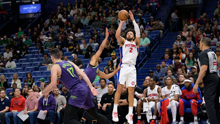 Mar 17, 2025; New Orleans, Louisiana, USA; Detroit Pistons guard Cade Cunningham (2) shoots against New Orleans Pelicans guard CJ McCollum (3) during the first half at Smoothie King Center. Mandatory Credit: Matthew Hinton-Imagn Images Mar 17, 2025; New Orleans, Louisiana, USA; Detroit Pistons guard Cade Cunningham (2) shoots against New Orleans Pelicans guard CJ McCollum (3) during the first half at Smoothie King Center. Mandatory Credit: Matthew Hinton-Imagn Images