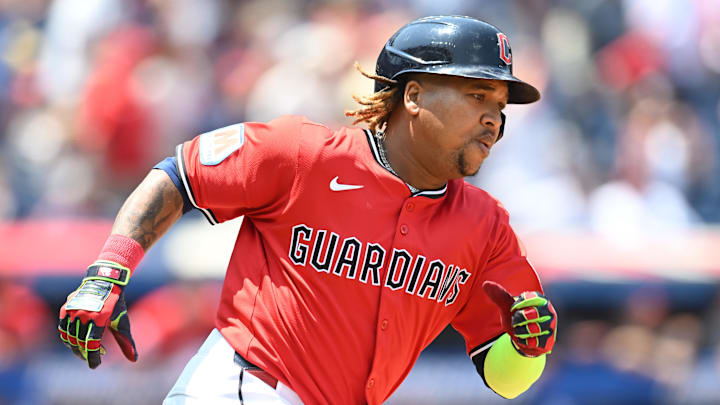 Jun 11, 2025; Cleveland, Ohio, USA; Cleveland Guardians third baseman Jose Ramirez (11) runs the bases on an RBI double during the first inning against the Cincinnati Reds at Progressive Field. Mandatory Credit: Ken Blaze-Imagn Images